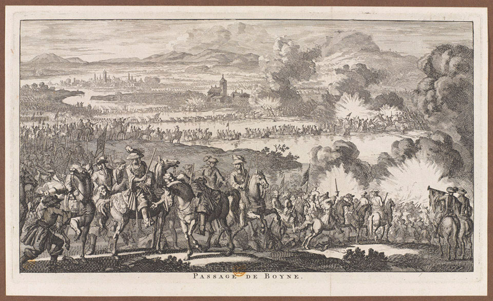 We will return to the men of the Irish Brigade in a bit. Meanwhile the Jacobite cause in Ireland was floundering. The Jacobite army under James II's nominal command was defeated by a larger Williamite force, commanded by William III, at the 1690 Battle of the Boyne.