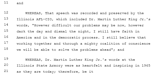 AndyManar's tweet photo. Great move Sen. @RobertJPeters @SenDorisTurner passing SJR3 to memorialize 1965 MLK speech at @ILAFLCIO convention in Oct 1965 at State Armory across the street from the Capitol in Springfield. ..."we will be able to solve the problems ahead." https://t.co/RmT04bIn5E
