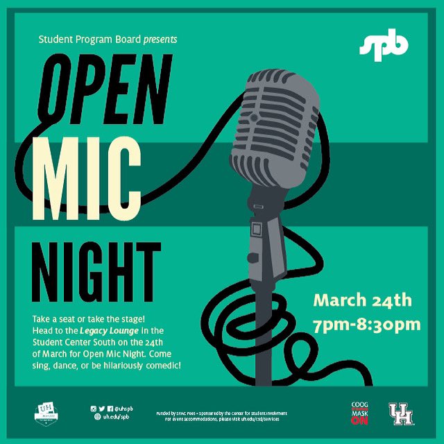 Do you love singing, dancing, or being hilariously comedic? Well this events for you! 

The Performances Committee is proud to present Open Mic Night! Visit us next Wednesday in the Legacy Lounge next to TDECU Banking at 7 PM for this live-event! 

We hope to see you there! 🎙