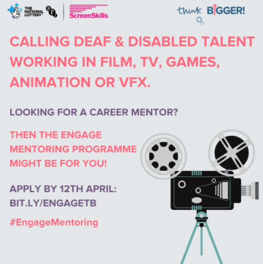 Work in Film, Animation, Games, VFX or TV?
Looking for a mentor? Check out ENGAGE delivered by <a href="/thinkbigger_org/">thinkBIGGER!</a> mentoring programme for deaf &amp; disabled talent
Apply 12April bit.ly/engagetb
<a href="/griersontrust/">The Grierson Trust</a> @AccessVfx @ngenacademy <a href="/AnimationUK/">Animation UK</a> <a href="/UKScreenAlln/">UK Screen Alliance</a> <a href="/BFIFilmAcademy/">BFI Film Academy</a>