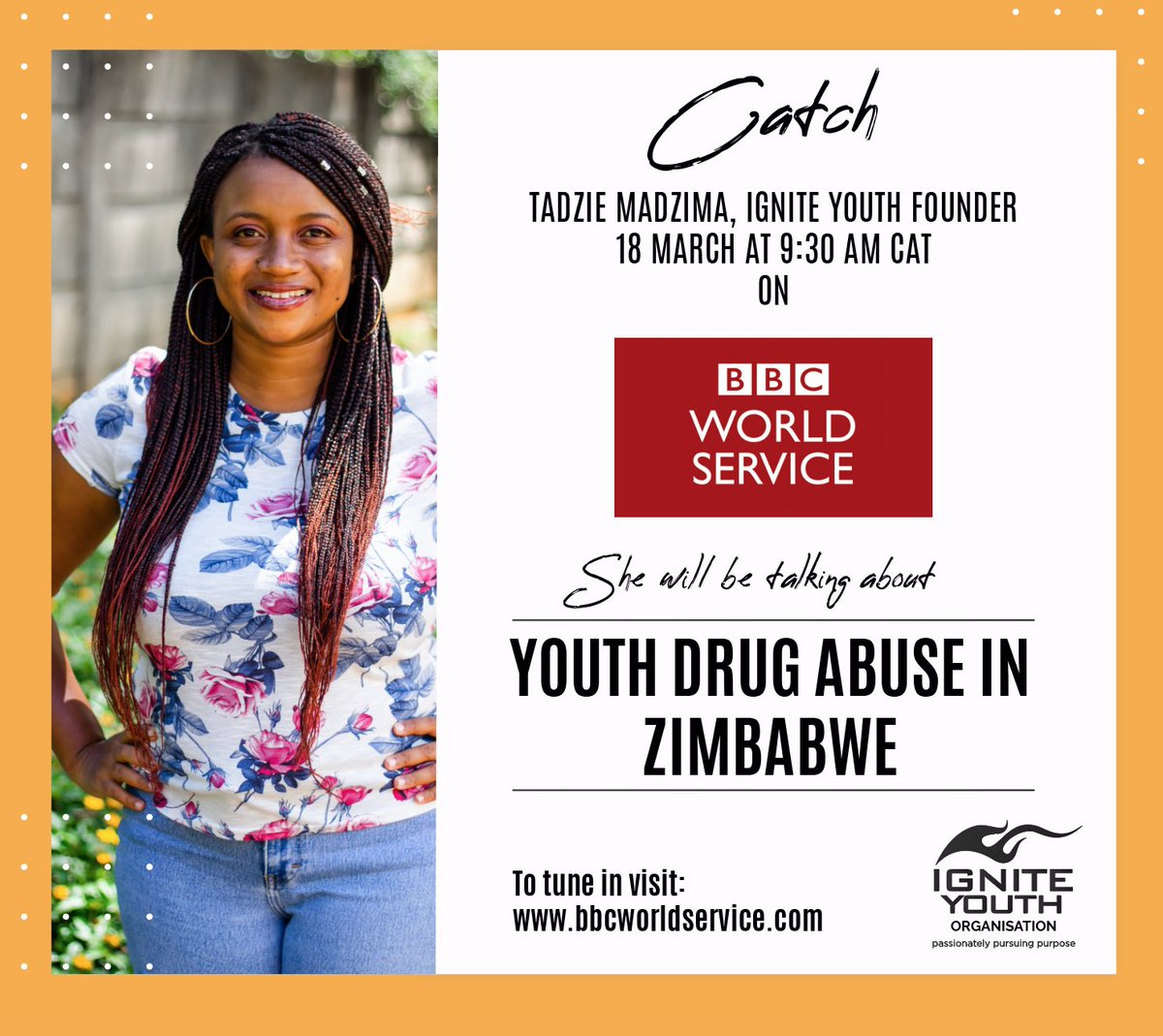 IgniteYouthOrg's tweet image. Catch Ignite Youth .Org Founder @TadzieMadzima tomorrow on @bbcworldservice Radio as she talks about Youth Drug Abuse in Zimbabwe! To tune in visit: bbcworldservice.com

@BBCAfrica @BBCWorld   

#bbcinterview #bbc #zimbabwe #youthdrugabuse #igniteyouthorg