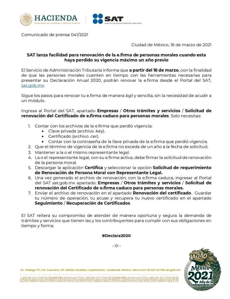 TpaAbogadosMx's tweet photo. #SAT emitió el 16 de marzo de 2021 una facilidad para #Renovacion de la e-firma de las #PersonasMorales cuando esta haya perdido su #vigencia máximo un año previo.
#SHCP #efirma #FIEL
#TPA #TPAcontigo #TaxPartner #TaxLawyersmx #TaxLawyers #TPAaliadoestratégico #TPATeam https://t.co/dTg6nykjFx