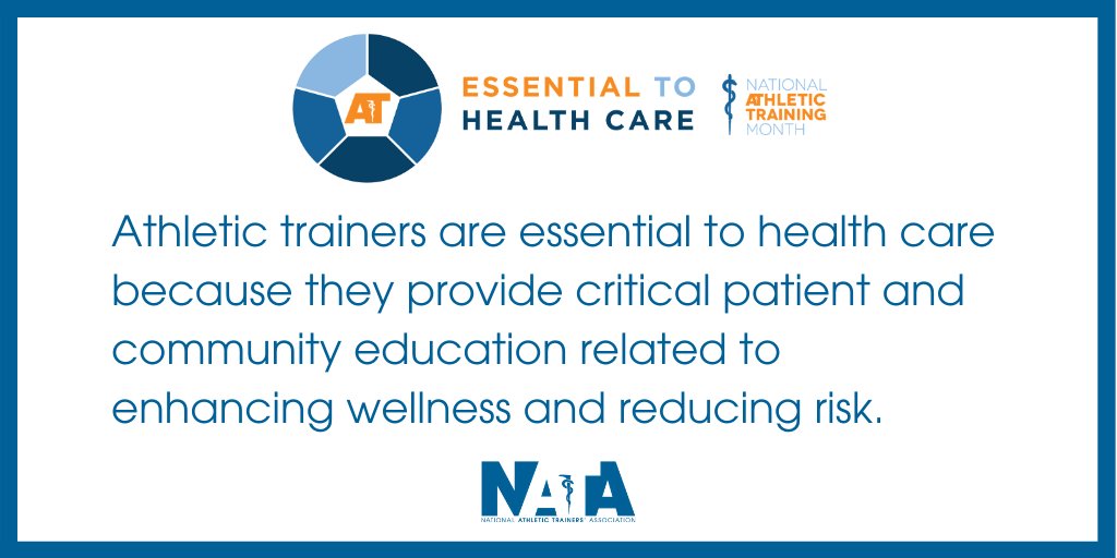 Athletic trainers are #EssentialToHealthCare because they provide critical patient and community education related to enhancing wellness and reducing risk. #NATM2021