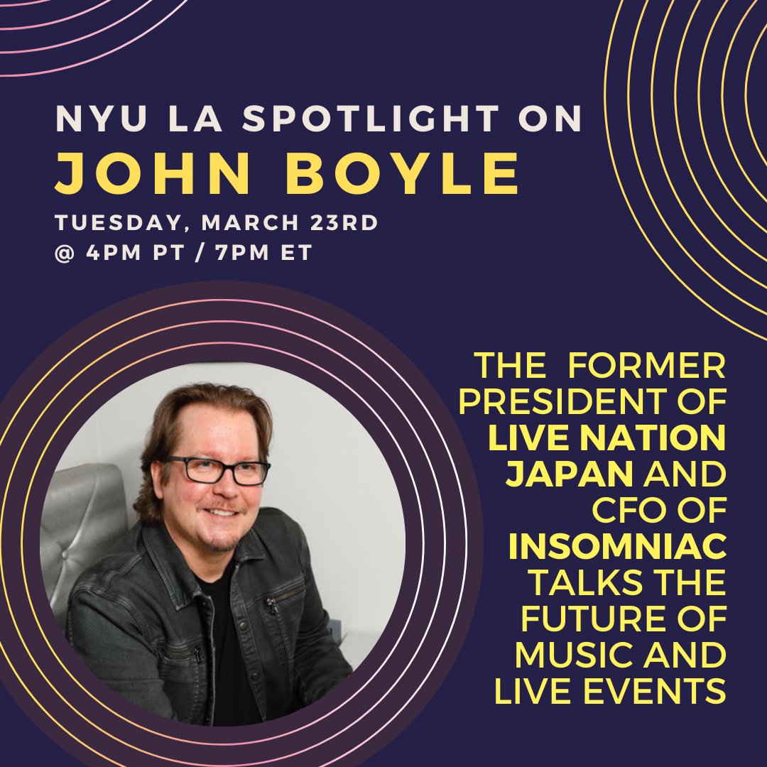 Mark your calendars!

Join us for a spotlight on John Boyle as the former @LiveNationJapan President and CFO of @insomniacevents talks about the future of music and live events.

Tuesday, March 23 @ 4 PM PST / 7 PM EST.

RSVP via link in bio.

#DiscoverySessions #MusicBusiness