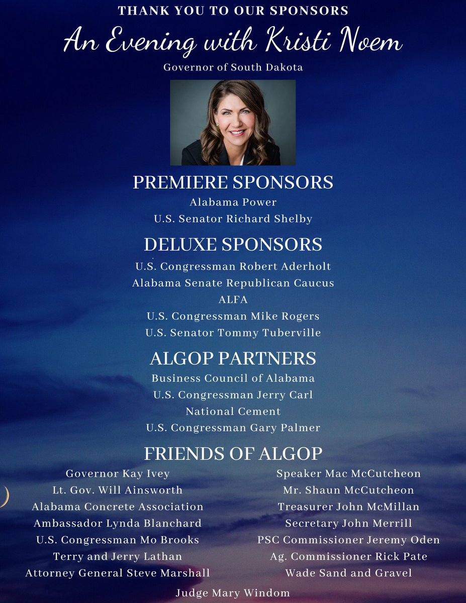 Others sponsors we did not have room to tag in the picture: @blanchard4sen, @gopjunkie, @agstevemarshall, @alatreasurer, @johnhmerrill, @JeremyHOdenPSC, @JudgeMaryWindom