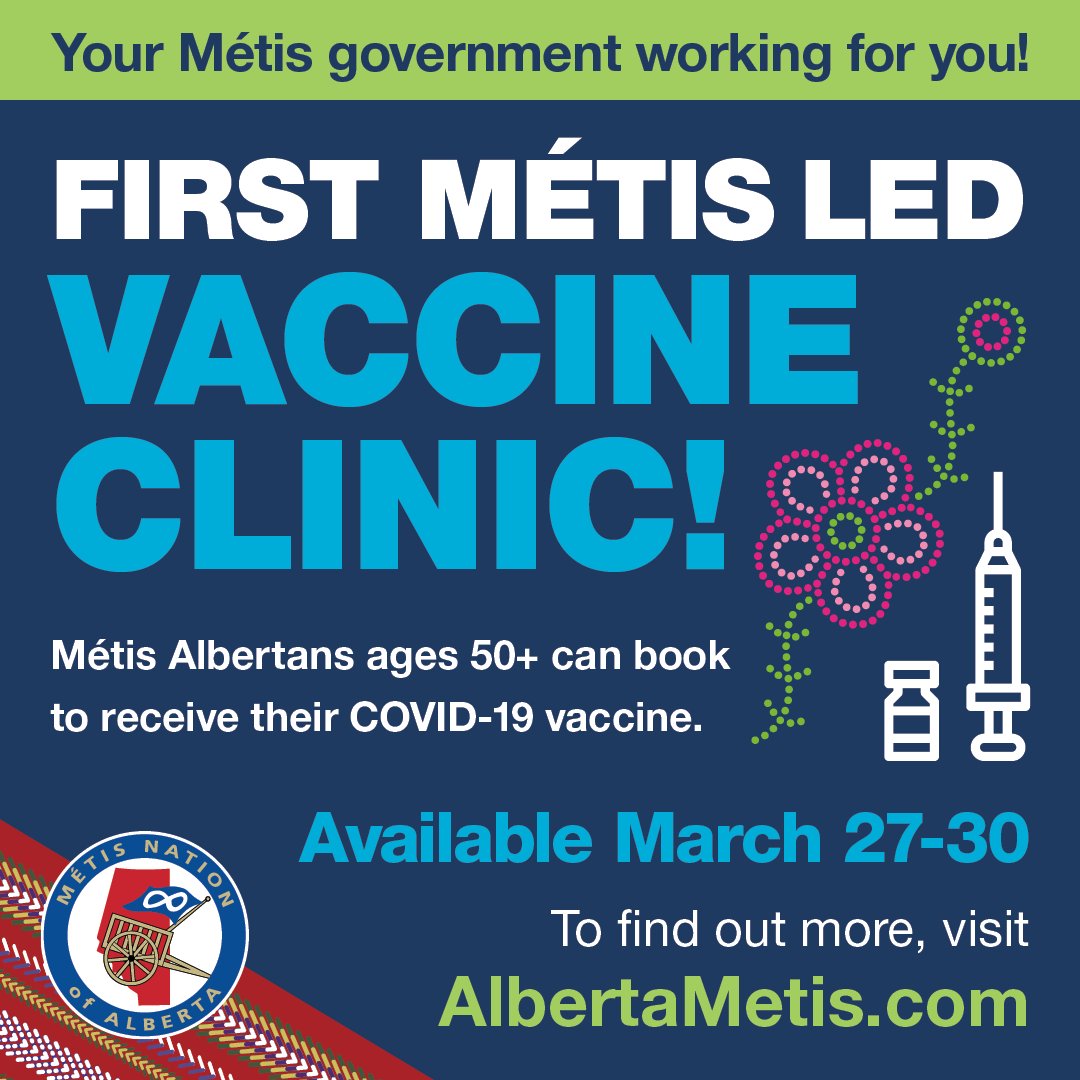 AlbertaMetis's tweet photo. We are always working to advance our Nation and community. Through the hard work &amp; advocacy efforts of our leadership, staff, citizens &amp; partners, we are pleased to announce we will be hosting the first ever #Métis led #COVID19 vaccine clinic. #MetisHealth https://t.co/gkWWMmQKbe