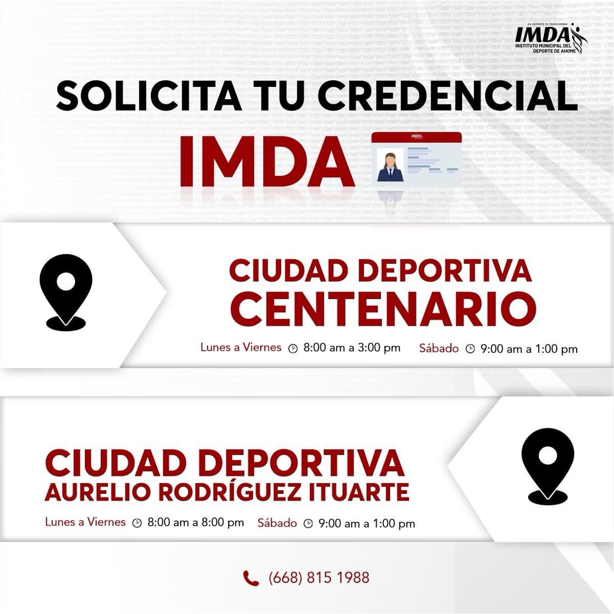 IMDAAhome's tweet photo. ¡SOLICITA TU CREDENCIAL!
📍 Ciudad Deportiva Centenario
📍 Ciudad Deportiva Aurelio Rodríguez Ituarte
#TransformandoAhome #TransformandoTuVida #IMDA #Ahome https://t.co/TwZ6IUu8eq