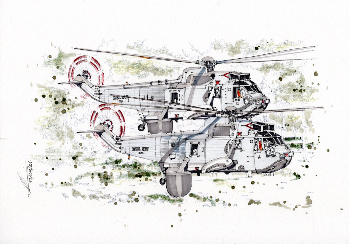 No.61 (apologies for taking so long!) the magnificent Sea King Mk7 helicopters on their last flight for @dinodavidson - I hope you like it. Next up is the India Gate in Delhi for <a href="/kritibami/">Kriti Bami</a> and then off to the Sherbourne Building for @tractorcop #isolationart #drawingoftheday
