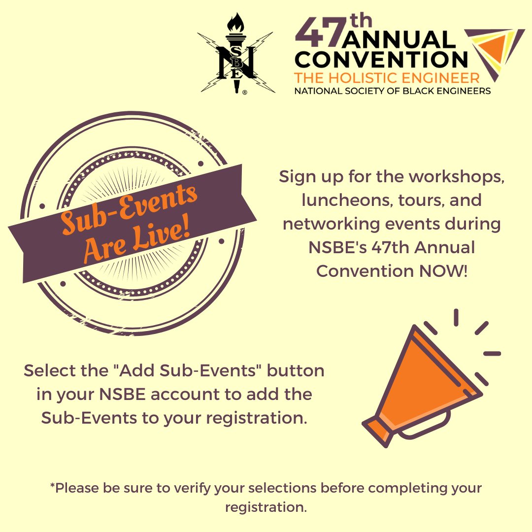 Registered for #NSBE47? We hope so! You can register for sub-events like exclusive workshops, tours, and networking events now through your NSBE Connect Account.

Register Today!

convention.nsbe.org

#nsbe47
#theholisticengineer