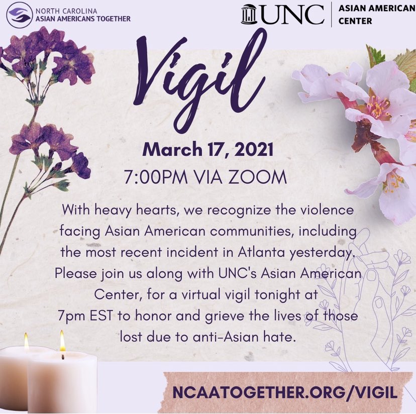 NEW: North Carolina Asian Americans Together is holding a virtual vigil for violence facing Asian American communities, including the Atlanta shootings that left eight people dead yesterday. The vigil is tonight at 7pm. Link below. #abc11