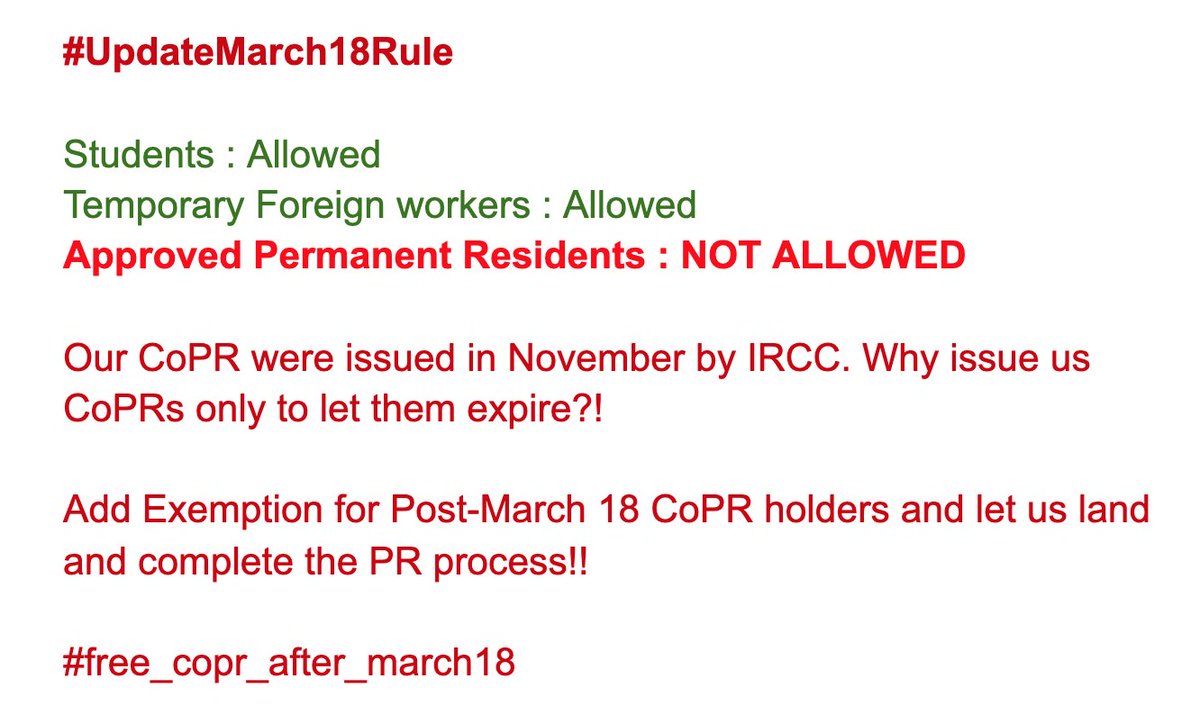 JayShar91919426's tweet photo. #Free_COPR_Post_March18 @CanadianPM @marcomendicino Why can students and temp workers land but people who have been approved for PR cannot??!!
Please #UpdateMarch18Rule & add us as an EXEMPTION, just as students and temp workers were last year!
Dont let our CoPRs expire! https://t.co/BbUdv7Z1jn