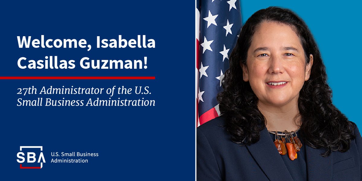 SBAgov's tweet photo. BREAKING NEWS: @SBAIsabel has been sworn in as the 27th Administrator of the U.S. Small Business Administration, which empowers America’s entrepreneurs to confidently start, grow, expand, or recover their small businesses. Welcome to SBA, Administrator Guzman! https://t.co/vR6HMtRlcq