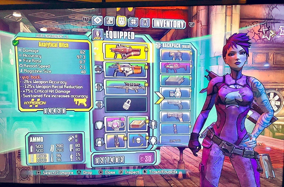 Actorclown's tweet photo. When you play the slot machines at Moxxi’s & you finally hit the jackpot for the first time! And both in the same day no less!! 🎉🎮💜🎰💰@GearboxOfficial @Borderlands #Borderlands2 #MayaTheSiren #AnalyticalBitch #Jackpot #Moxxi #Eridium https://t.co/6KstHO3Lge