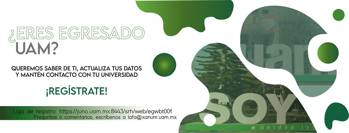 UAM_Iztapalapa's tweet photo. 🎓 ¿Eres #EgresadoUAM? 
¡Queremos saber de tí!, actualiza tus datos  para seguir en contacto contigo y entérate de las actividades que realizaremos   #Comparte
https://t.co/oHwJzhzggb https://t.co/ALmQSzw6n0