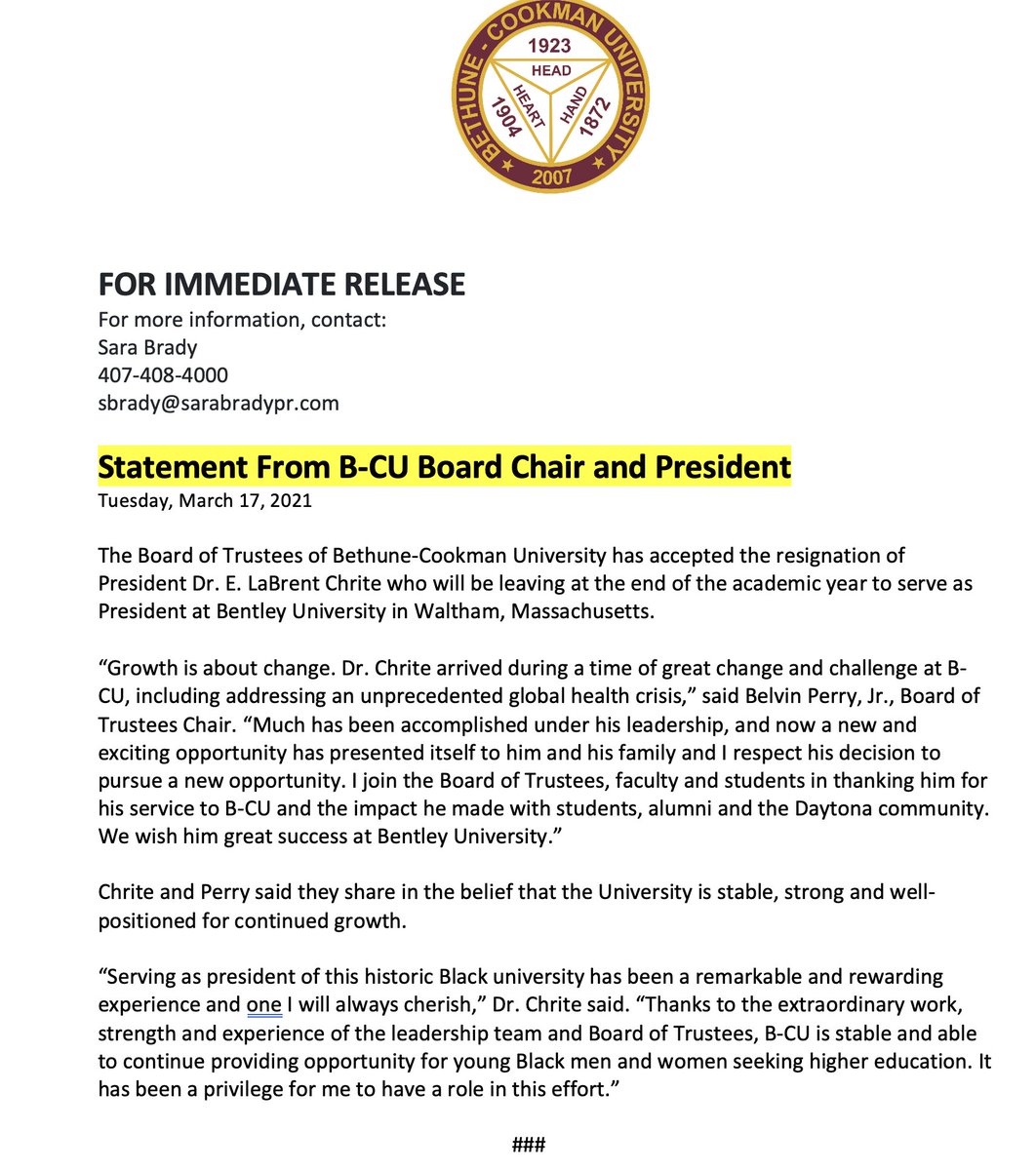 Bethune Cookman Please Find A Joint Statement From B Cu Board Chair Belvin Perry Jr And Dr Brent Chrite