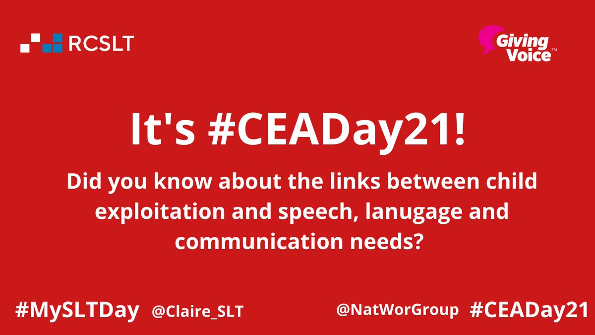 It's <a href="/NatWorGroup/">NWG Network</a> #CEADay21 today. With thanks to <a href="/Claire_SLT/">Claire</a> for coming to us about it, we're sharing some information on the links between child exploitation and speech, language and communication needs - and how #SLPeeps can support exploitation services. 1/7 #NWG #MySLTDay