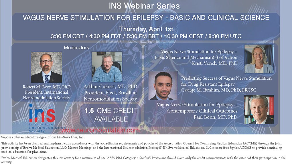 Mark your calendars! FREE webinars on  #VagusNerveStimulation for #Epilepsy the 1st Thursday in April & May, 4:30 PM EST / 20:30 UTC 
- April 1: 'Basic and Clinical Science'
- May 6: 'Contemporary Therapy'
bit.ly/INS-1st-VNS-we…
Earn up to 1.5 CME Credits for ea. 90-min. webinar