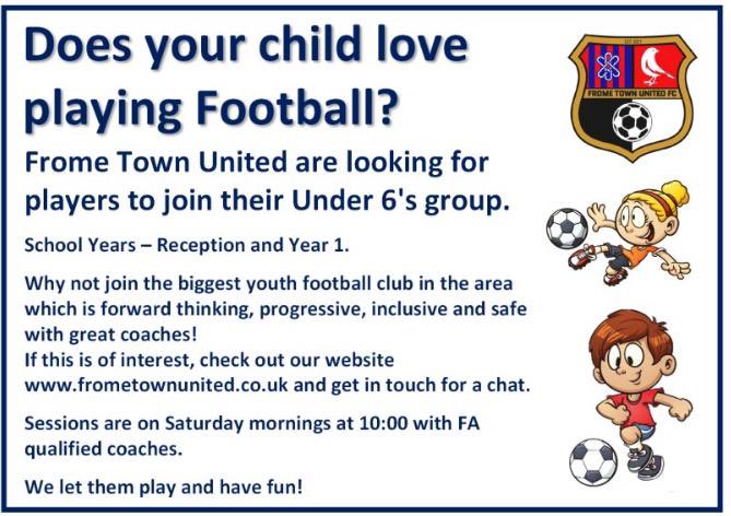 Kids Club starting on Saturday 3rd April from 10:00 at Critchill Manor Estate. This is for current and new members! Bring your budding footballers along for fun football sessions! ⚽️⚽️

<a href="/FromeTownFC/">Frome Town FC</a> <a href="/frometownrobins/">Frome Town Robins</a> <a href="/OfficialFTYFC/">Frome Town Youth FC</a> <a href="/fromecollegians/">Frome Collegians</a> <a href="/MellsFC/">Mells & Vobster F.C</a>