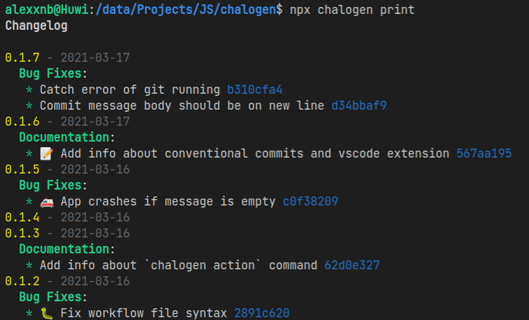 AlexxNB's tweet photo. Chalogen - is my new utility for auto-generating https://t.co/YDQ8MJSp38 file from your commits. Just run `npx chalogen  print` inside your project dir to see chagelog in terminal. Then `npx chalogen` to create file. 
Other options here - https://t.co/IMKbdHsnaa
 #chalogen https://t.co/1dKfXhDb1F