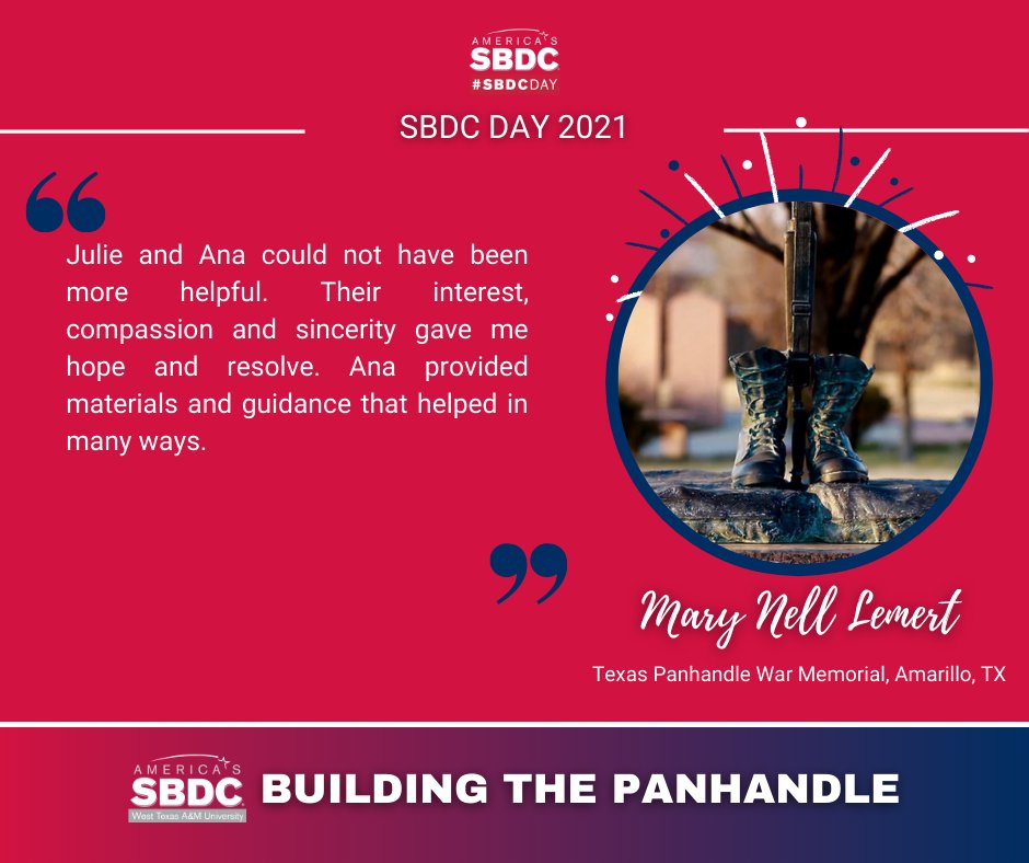 wtsbdc's tweet photo. Happy #SBDCDay!
"Julie and Ana could not have been more helpful. Their interest, compassion and sincerity gave me hope and resolve. Ana provided materials and guidance that helped in many ways." - Mary Nell Lemert, Board Member, Texas Panhandle War Memorial https://t.co/IrFBseWLLp