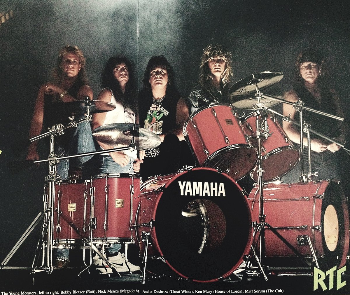 Vintage @YamahaDrums Drum ad, Young Monsters 'EAT AMPS ALIVE' featuring @BobbyBlotzer, @theRATTpack Nick Menza @MegadethWorld  @KenMary_ @HouseofLords @flotsamandjets2 @AudieDesbrow, @GreatWhiteBand  @mattsorum (@TheCultBAND  / @gunsnroses