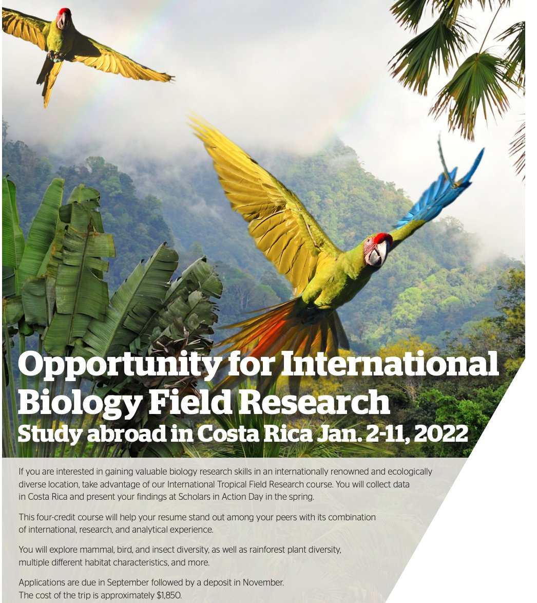 Students, join a virtual information session on March 15 to learn about International Tropical Field Research (BIOL 320),  currently scheduled for Spring 2022. This is a short term study abroad  course with hands-on research experience. 
springfield.edu/programs/biolo…