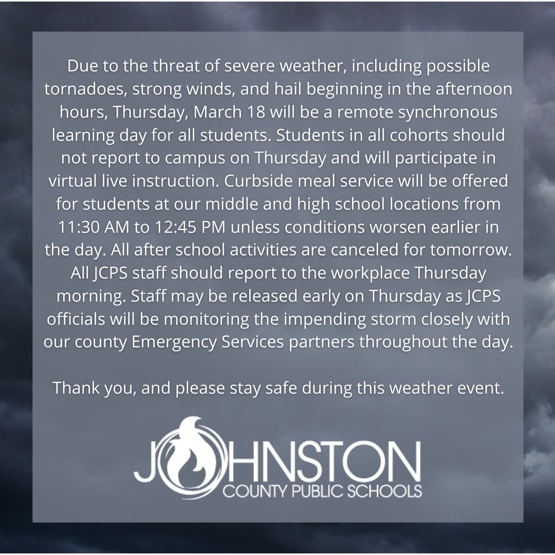 Due to the threat of severe weather beginning in the afternoon hours, Thursday, March 18 will be a remote synchronous learning day for all students. Students in all cohorts should not report to campus on Thursday and will participate in virtual live instruction.  (1/3)