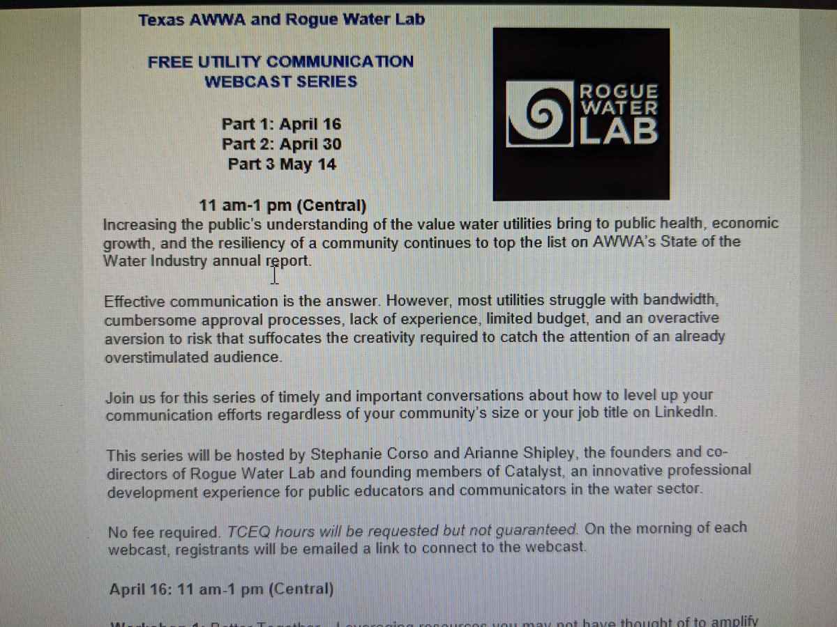 Pumped! Looking fwd to <a href="/txawwa/">Texas AWWA</a> @Rogue_Water #comms series with <a href="/greg_wukasch/">Greg Wukasch</a> &amp; other great #communicators. Those who tell the stories...