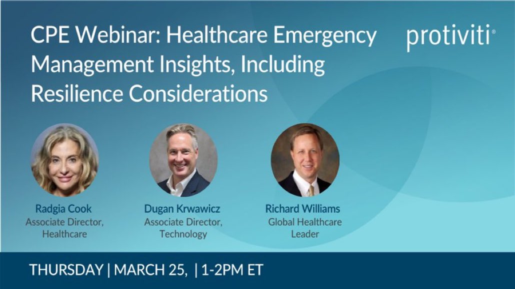 ProtivitiOman's tweet photo. Join us: Protiviti #healthcare experts on 3/25 for insights on how hospitals are building new pathways of resilience as COVID-19 recovery takes a front seat https://t.co/ytVWaC8U9p #ProtivitiHealthcare #PROwebinar #Covid19 #businessresilience https://t.co/6udJI8vJMd