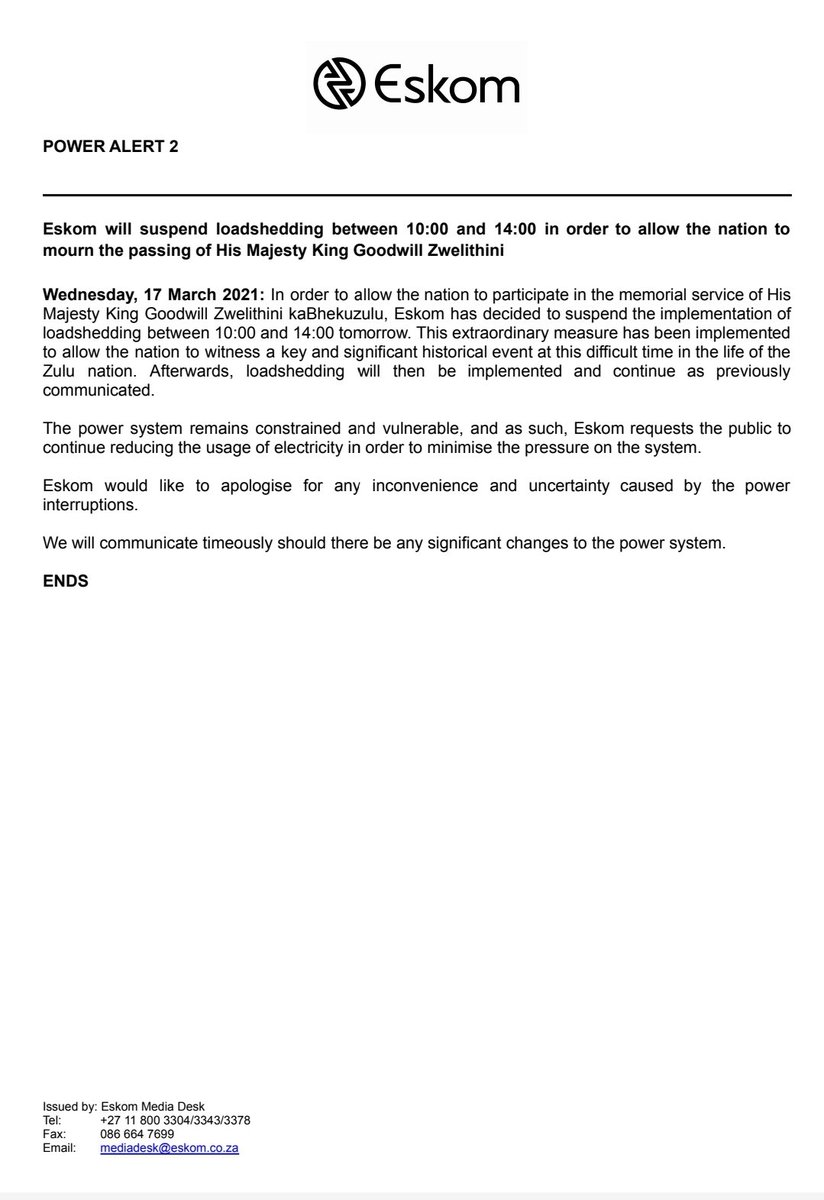 #POWERALERT2

Eskom will suspend loadshedding between 10:00 and 14:00 in order to allow the nation to mourn the passing of His Majesty King Goodwill Zwelithini