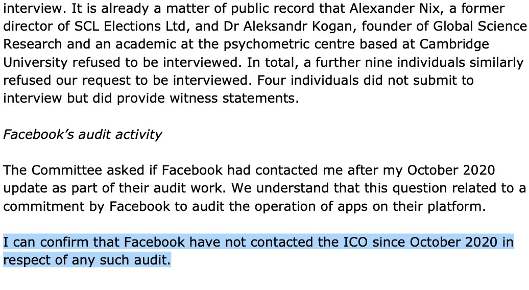 Guess what? UK Commissioner Denham here just weeks ago, Feb 17, 2021, once again to dispute what Facebook testified to Congress it would do. "I can confirm that Facebook have not contacted the ICO since October 2020 in respect of any such audit." /27