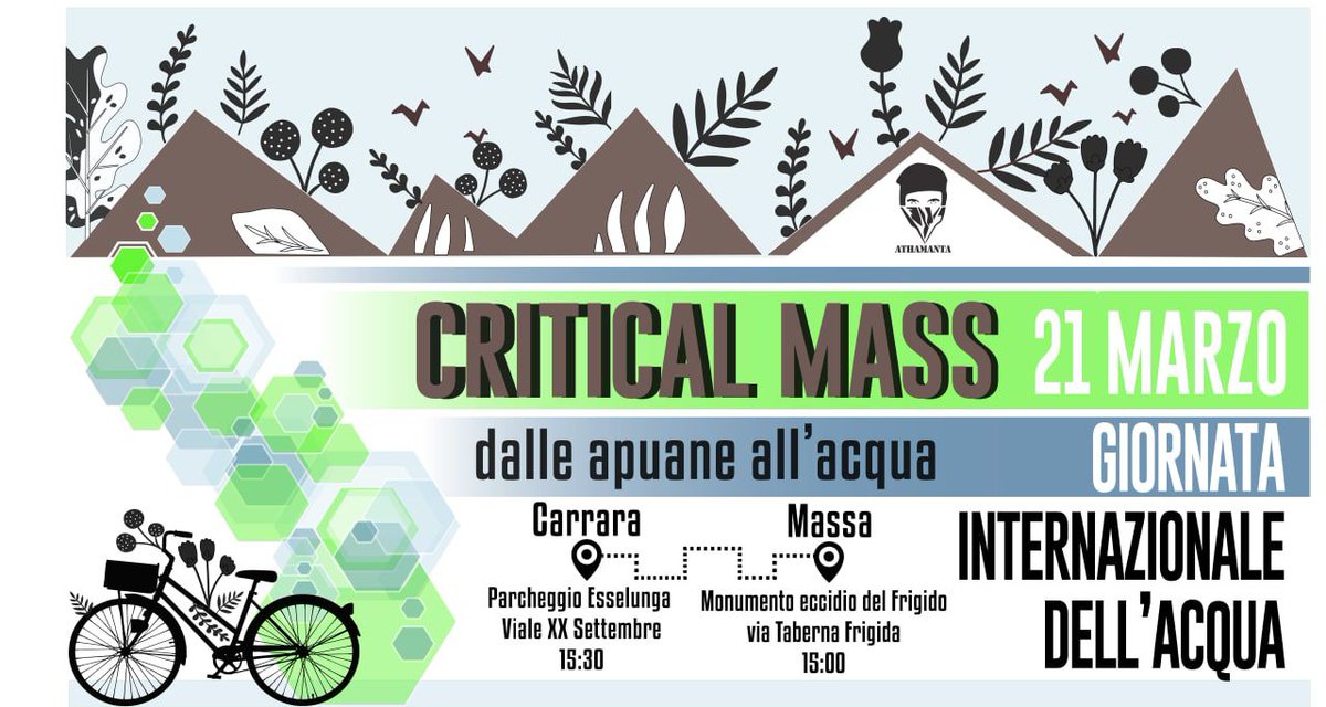 21 marzo #criticalmass Dalle Apuane all'Acqua!!

Un Raduno di biciclette contro la devastazione di un bene comune essenziale per la vita: l'acqua!

Link all'evento :
fb.me/e/C5aymoUV

#apuane #athamanta #WorldWaterDay #criticalmass