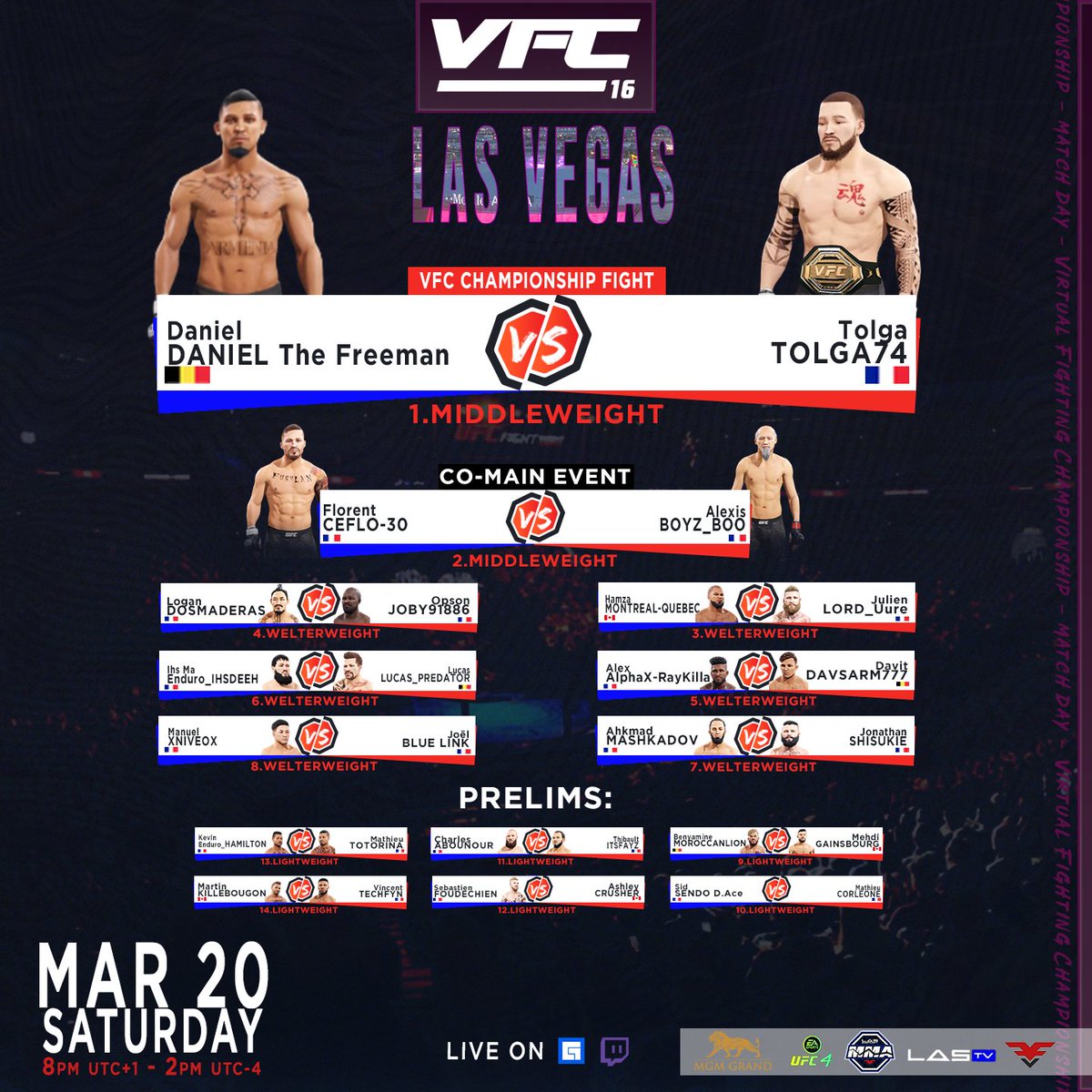 FuryVS_'s tweet photo. IT'S TIME for the MAIN EVENT ‼️
🇺🇸 Las Vegas - #MGMGrand #Online
#VFC16 - Virtual Fighting Championship 1⃣6⃣
🛑 14 combats
🕗 20h (Paris) & 🕑 14h (Quebec)
📺 LIVE ON FBGaming & Twitch: https://t.co/DNoJk9bxih
ℹ️ Info: https://t.co/AgYD3FlqU3
#Maincard #ufc4 #mma @EASPORTSUFC https://t.co/6K4Jesobm9