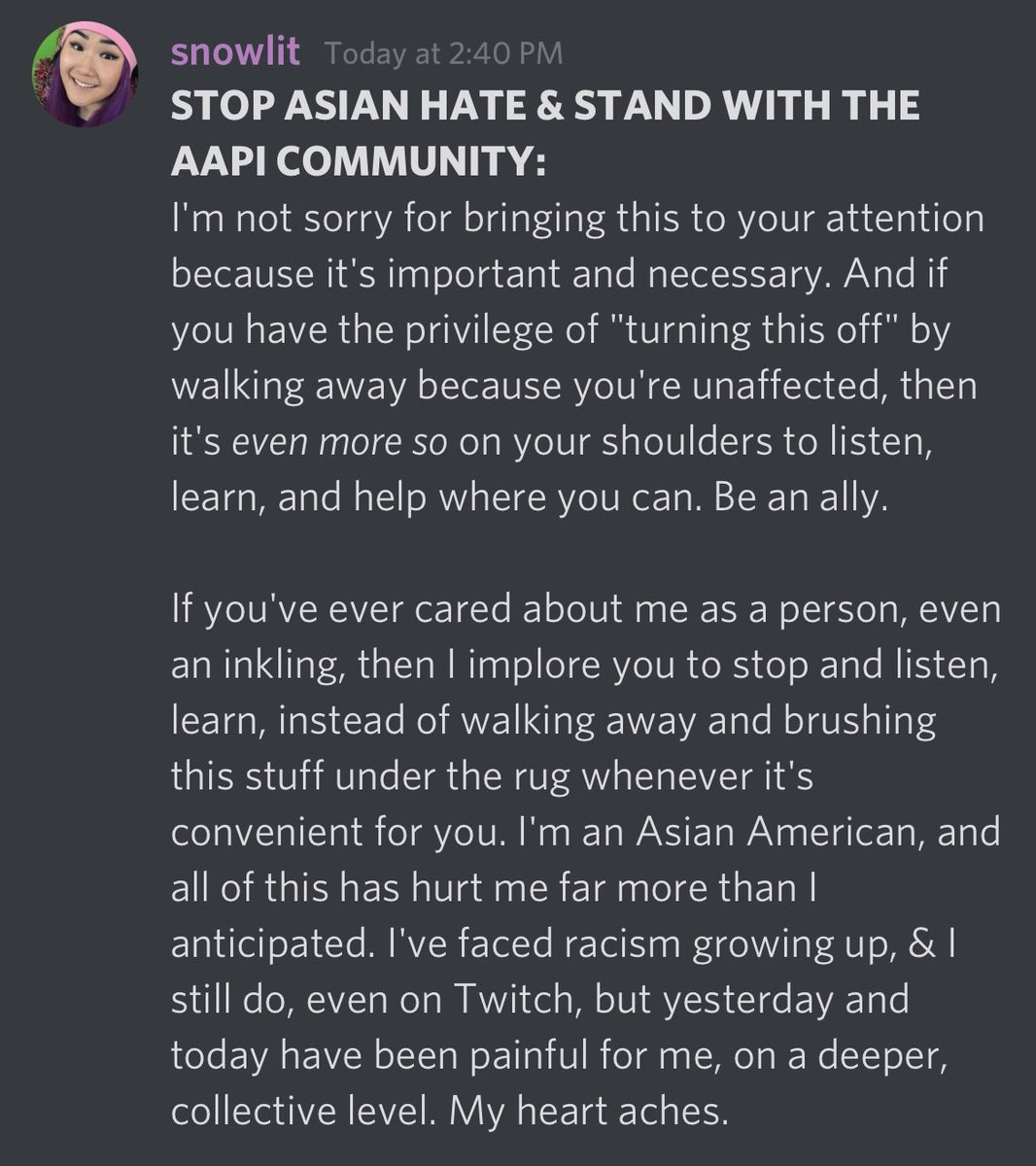snowlitTV's tweet photo. Posted this on my Discord server so I thought I’d share it here, too, specifically for folks in my community who have ever found some enjoyment from me as a streamer. Please listen.

➡️ https://t.co/CDmbA35aS7

➡️ https://t.co/QfGQOXGafQ

#StopAsianHate #StopAAPIHate https://t.co/Z0Z7P4qwsg