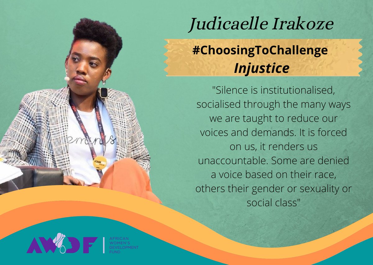 We celebrate Judicaelle Irakoze today for centring the growth and devt of women. She founded the 'Choose Yourself' Org, which provides safe spaces for women to share experiences. For creating a safe world for women & girls @Judicaelle_ is our fav #AfricanFeminist today.