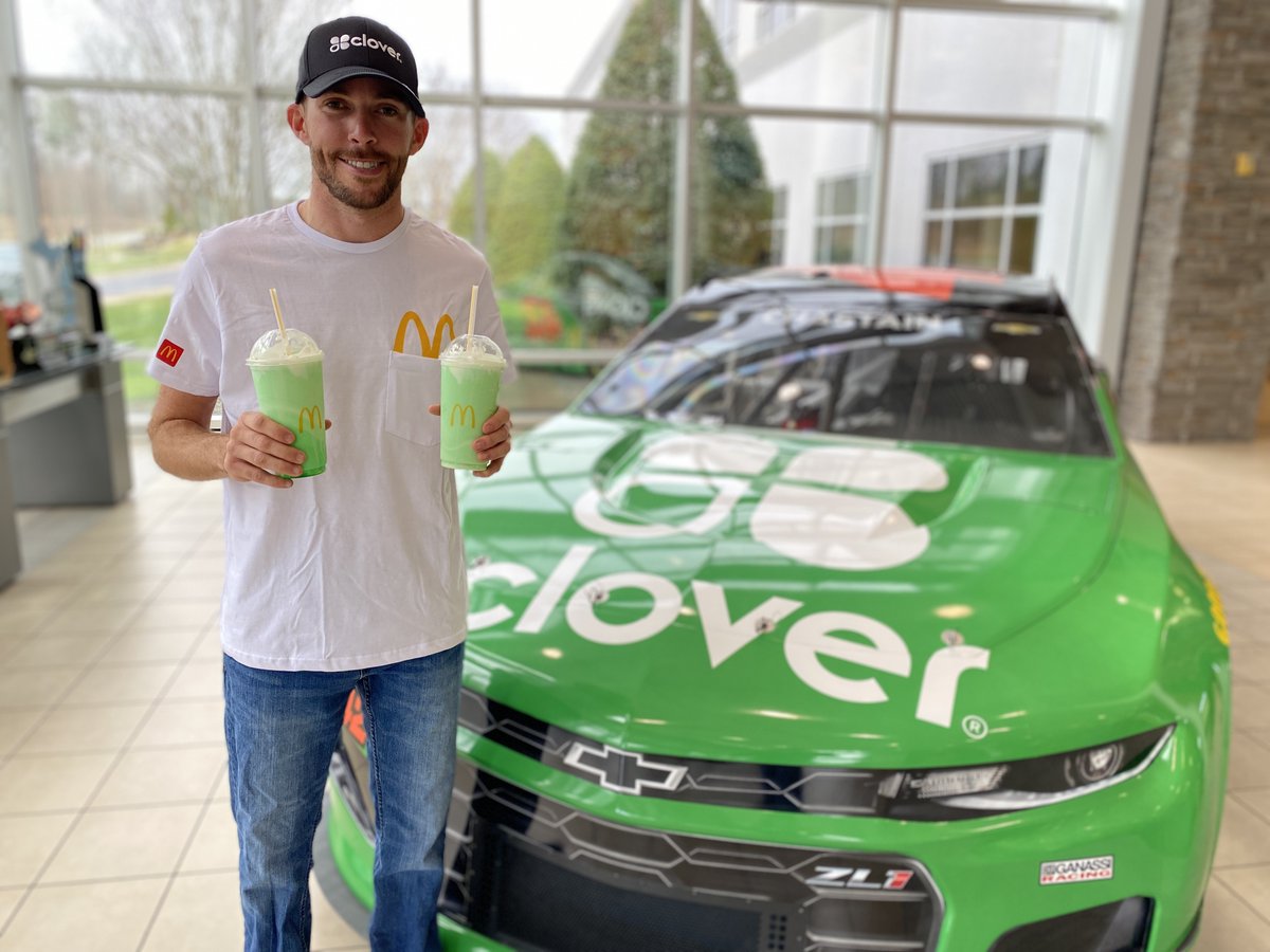 RossChastain's tweet photo. I have the best partners when it comes to celebrating St. Patrick's Day. A car covered in four-leaf clovers and some Shamrock Shakes!! 🍀🍟 

@clovercommerce | @McDonalds https://t.co/5MUuAb4QpG