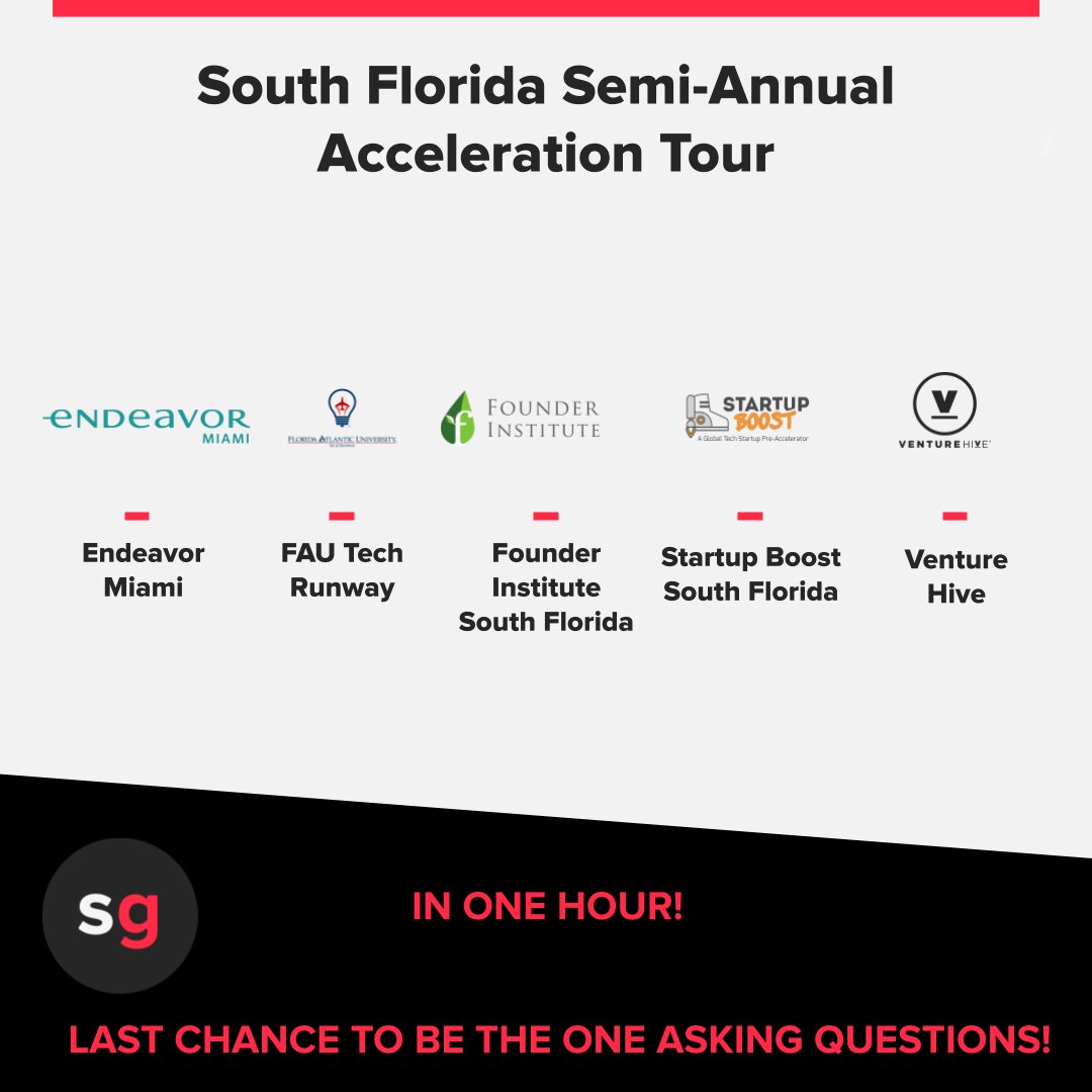 startupgrindftl's tweet photo. Starts in 1 hour! Last chance to be the one asking all the questions!
Join us at 6 pm tomorrow for an event where accelerators will be pitching you!⁠
@EndeavorMIA, @FAUTechRunway @FoundingSoFlo
@StartupBoosthq @venturehive register: https://t.co/FdtbzwWIeu
#SGAccelerationTour https://t.co/YpYyDsI3aH