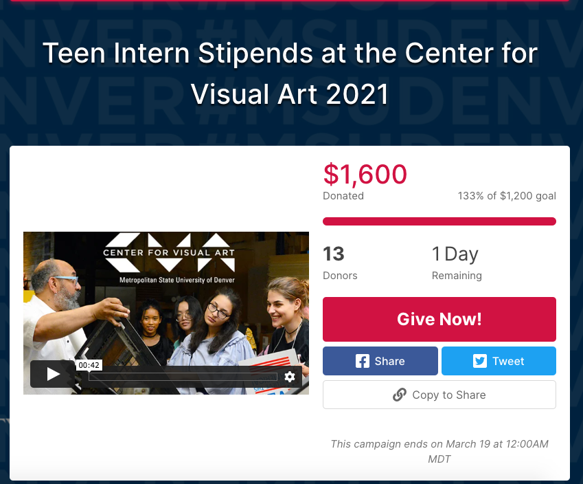 CVA_MSUDenver's tweet image. MSU Gives day is tomorrow! We&apos;re raising money for our teen intern program. Paying our interns invites a greater diversity of youth into the creative industries.

givecampus.com/schools/Metrop…

#artinaction #creativeinternships #artintern #jointherace #msudenvergives #dayofgiving