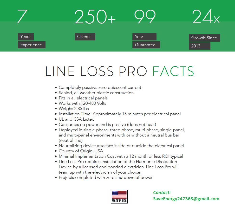 Line Loss Pro Facts - Contact: SaveEnergy247365@gmail.com #SaveMoneyDayOne #ZeroOutOfPocket  #PassiveDevice #NoBatteries #InductsAbove60HzCurrents #ProtectsYourEquipment #CutsKWhUsage10to15Percent