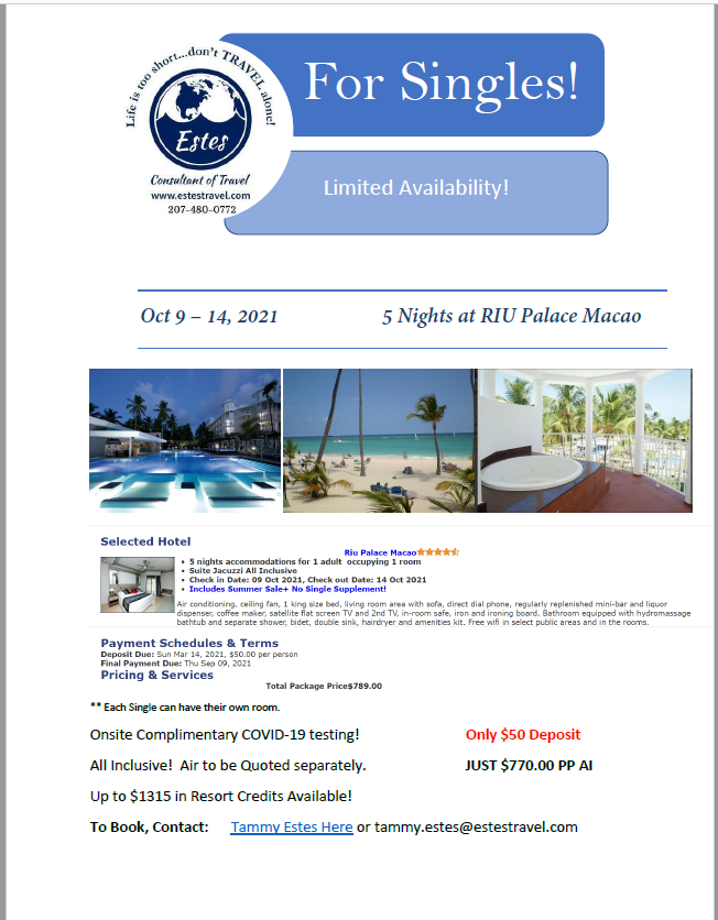 #Singles We have a #TravelDeals for you! #Allinclusiveresort #riupalace Limited Rooms available! Contact: tammy.estes@estestravel.com #singletravelers #riuresorts #SingleAndMingle #singlelife #singlewoman #dontbealone #traveltogether #travelgroups