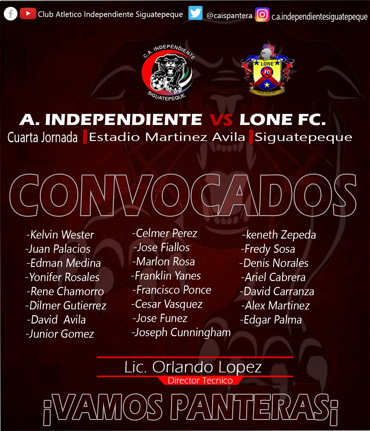 ATLETICO INDEPENDIENTE SIGUATEPEQUE on X: POR LA CLASIFICACION LONE FC 🆚  A. INDEPENDIENTE 🗓 Jueves 8 de Abril 🏟 Estadio Olímpico Metropolitano 🕕  3:00P.M. ¡Vamos Panteras! #LoMejorDeDiosEstaPorVenir #IndeSOY  #ElEquipoDelPueblo #Siguatepeque https