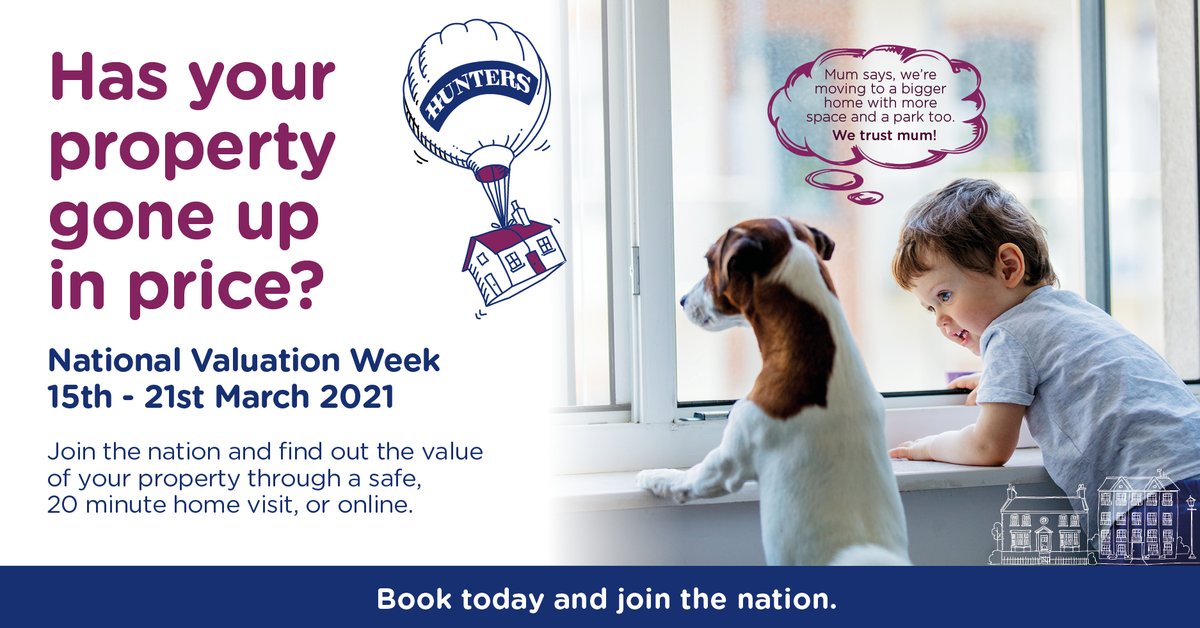 It's National Valuation Week, and our agents are already booking into next week so we have extended to 28th March!

Free, safe, 20 minute valuation☑️
In person or online☑️
Free 7-page property report ☑️

Book today and find out the value of your home.

hunters.com/national-valua…