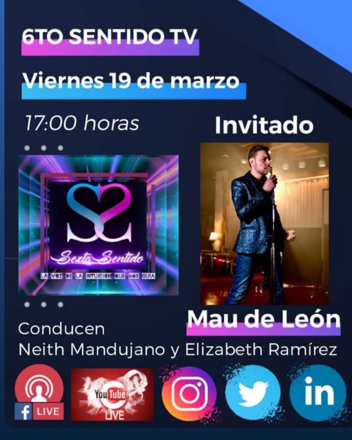 6to_t's tweet photo. Los esperamos este viernes 19 de marzo con el cantante Mau de León!!
@6to_t
@MandujanoNeith
@Eli_bajadepeso
@EliRuvalcaba72 #6tosentidotv
#neithmandujano
#elizabethramirez
#maudeleón
#músicapopular https://t.co/uukQwBWa04