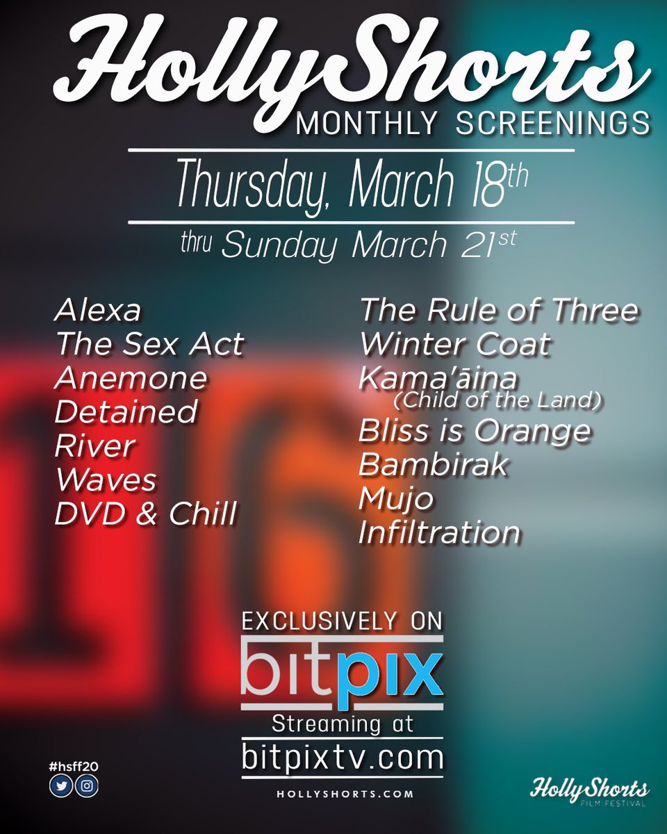 HollyShorts popular new bi-monthly screening series returns and will be available for streaming  tomorrow exclusively on Bitpix!! 
You can get your streaming pass today! Visit bitpixtv.com #monthlyscreening #shorts #shortfilm #bitpix #hollyshorts