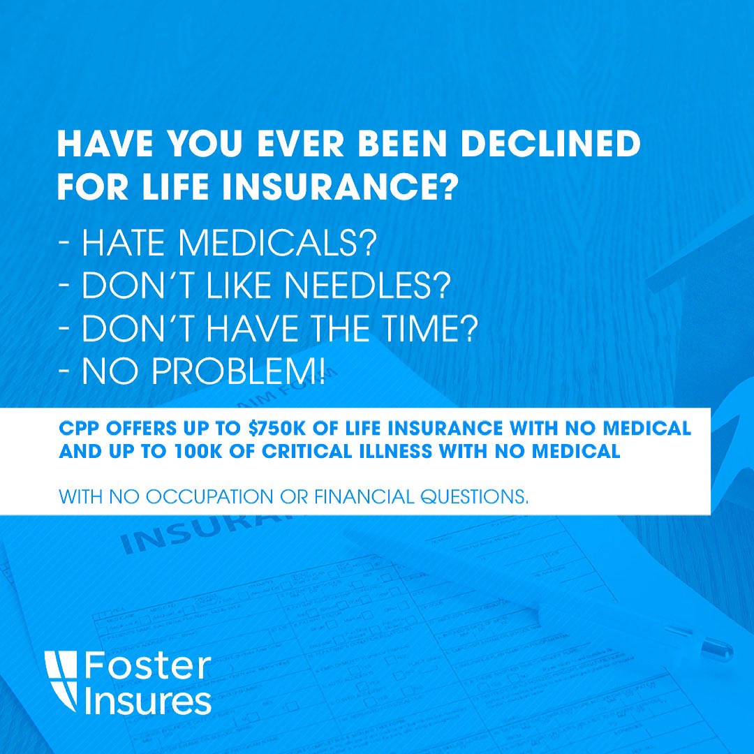 FosterInsures's tweet photo. CPP has consistently offered → No Medical - Life Insurance Options. Their products are a must, for the person who once thought they were the Hard-To-Insure client!
#lifeinsurance #insurance #criticalillness #awareness #education #ontario #canada🇨🇦 #plan #family #wealth https://t.co/4zP37oAEMy