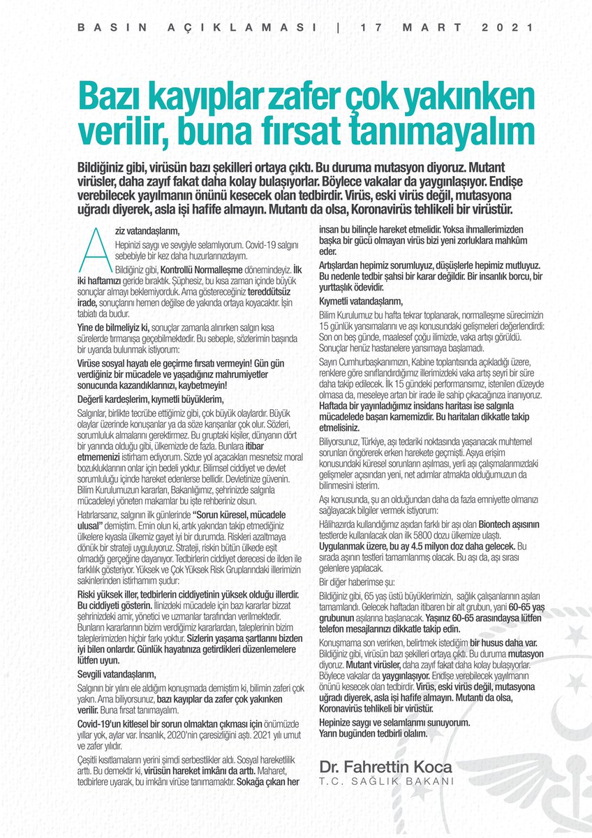 Bilim Kurulumuz bu hafta toplanarak, normalleşme sürecimizin 15 günlük yansımalarını ve aşı konusundaki gelişmeleri değerlendirdi: Son 15 günde, maalesef çoğu ilimizde, vaka artışı görüldü. Sonuçlar henüz hastanelere fazla yansımaya başlamadı.

Video: youtube.com/watch?v=GbU7d0…