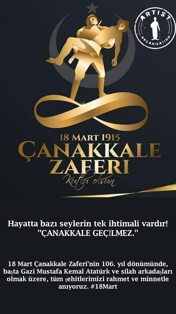 ArtistOrganisa1's tweet photo. Hayatta bazı şeylerin tek ihtimali vardır!
''ÇANAKKALE GEÇİLMEZ.''

18 Mart Çanakkale Zaferi'nin 106. yıl dönümünde, başta Gazi Mustafa Kemal Atatürk ve silah arkadaşları olmak üzere, tüm şehitlerimizi rahmet ve minnetle anıyoruz. #18Mart https://t.co/HMgKUn0lLG