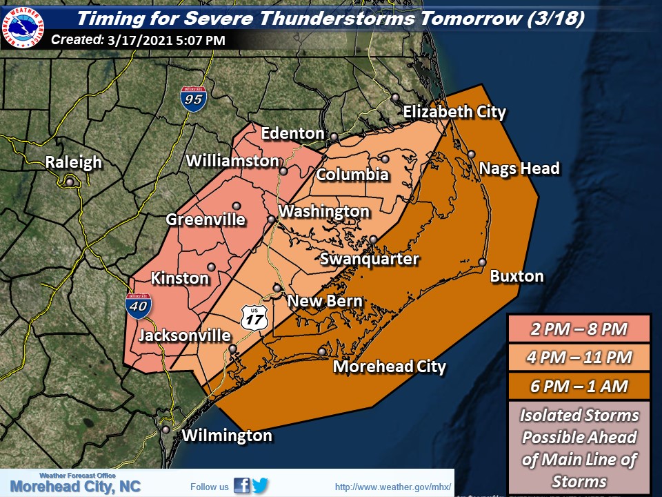 *PLEASE RT* Continued high confidence in the potential for a severe weather outbreak Thursday afternoon &amp; evening. See timing image below. Damaging wind gusts, large hail, and tornadoes are all possible. A few tornadoes could be strong. 

Latest briefing:  weather.gov/media/mhx/Late…