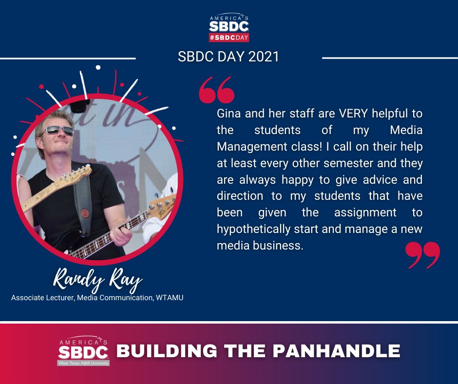 wtsbdc's tweet photo. Happy #SBDCDay!

A Huge shoutout to WTAMU Media Communication Program and Mr. Randy Ray. We love working with our #GoBuffs!

"Gina and her staff are VERY helpful to the students of my Media Management class! ..." - Randy Ray https://t.co/pkGJnCtQ5p