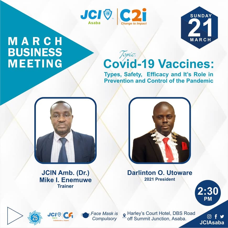 JCIASABA1's tweet photo. Greetings CFI &amp; C2i Ambassadors,

Covid-19 Pandemic now an household name, dreaded by all human race, thousands and millions of people have died from the VIRUS, now the vaccine is out and has landed in Nigeria, how much do you know about the VACCINE?

You're specially invited https://t.co/TGzO88Wn6P